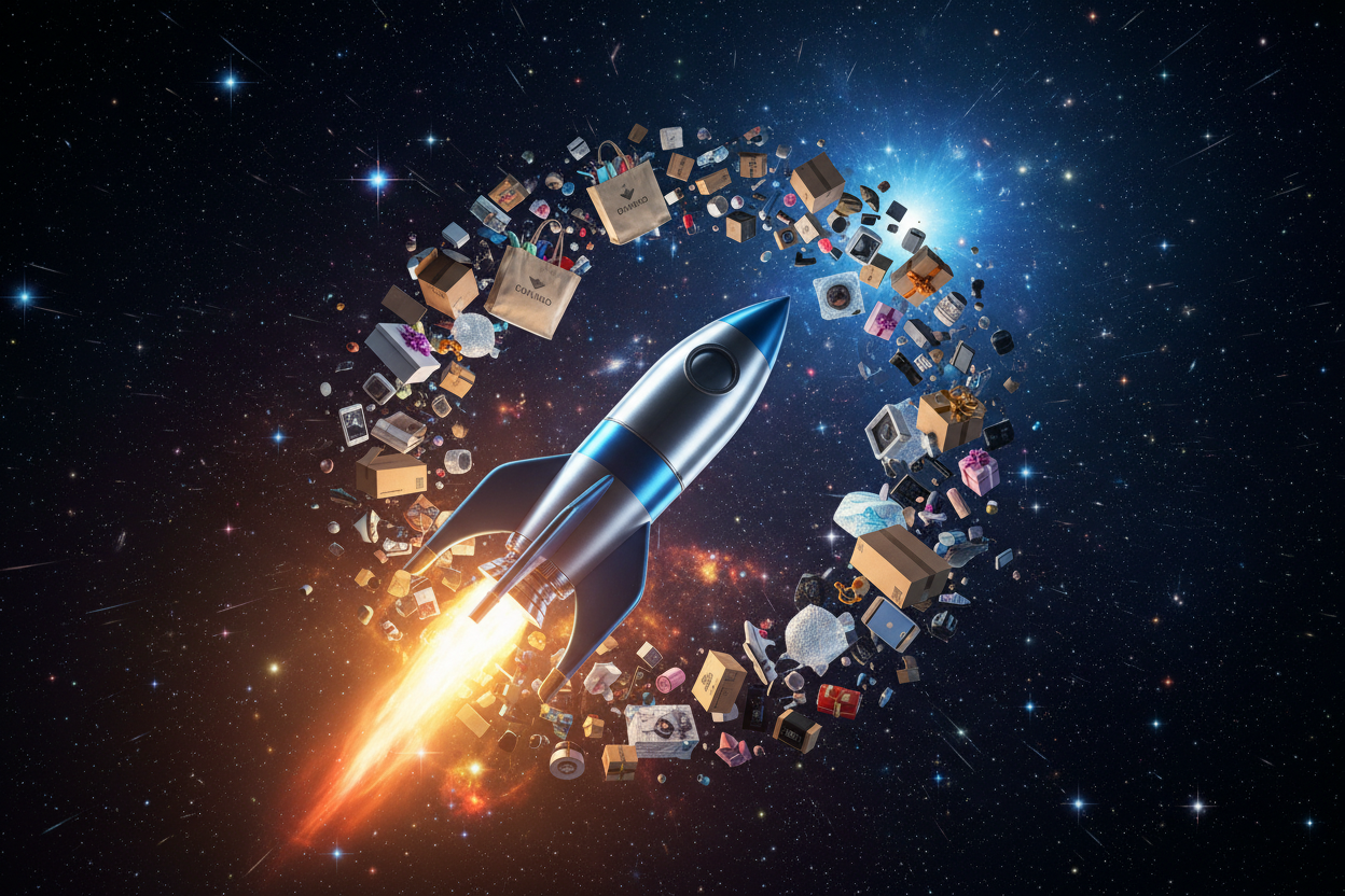 un cohete en el espacio, alrededor productos de compra y estrellas